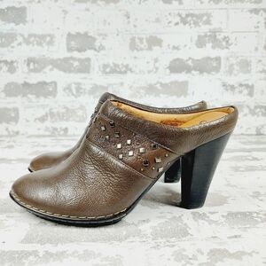 Sofft Brown Leather With Beads Block High Heel Mule Clogs F787